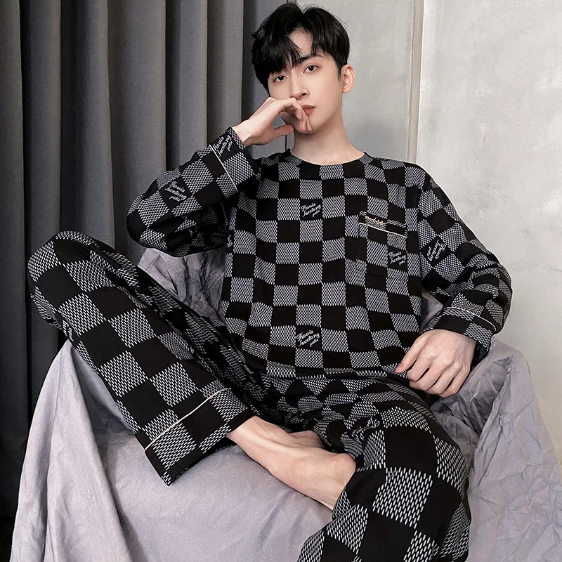 CAIYIER 2023 Spring Autumn L-4XL Men's Pajamas Set O-Neck Long Sleeve Casual Male Sleepwear Plus Size Nightwear Soft Homewear