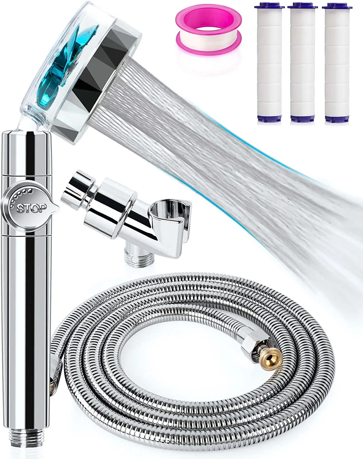 

High pressure shower head kit with 3 filters, shower hose, Shower Head Holder