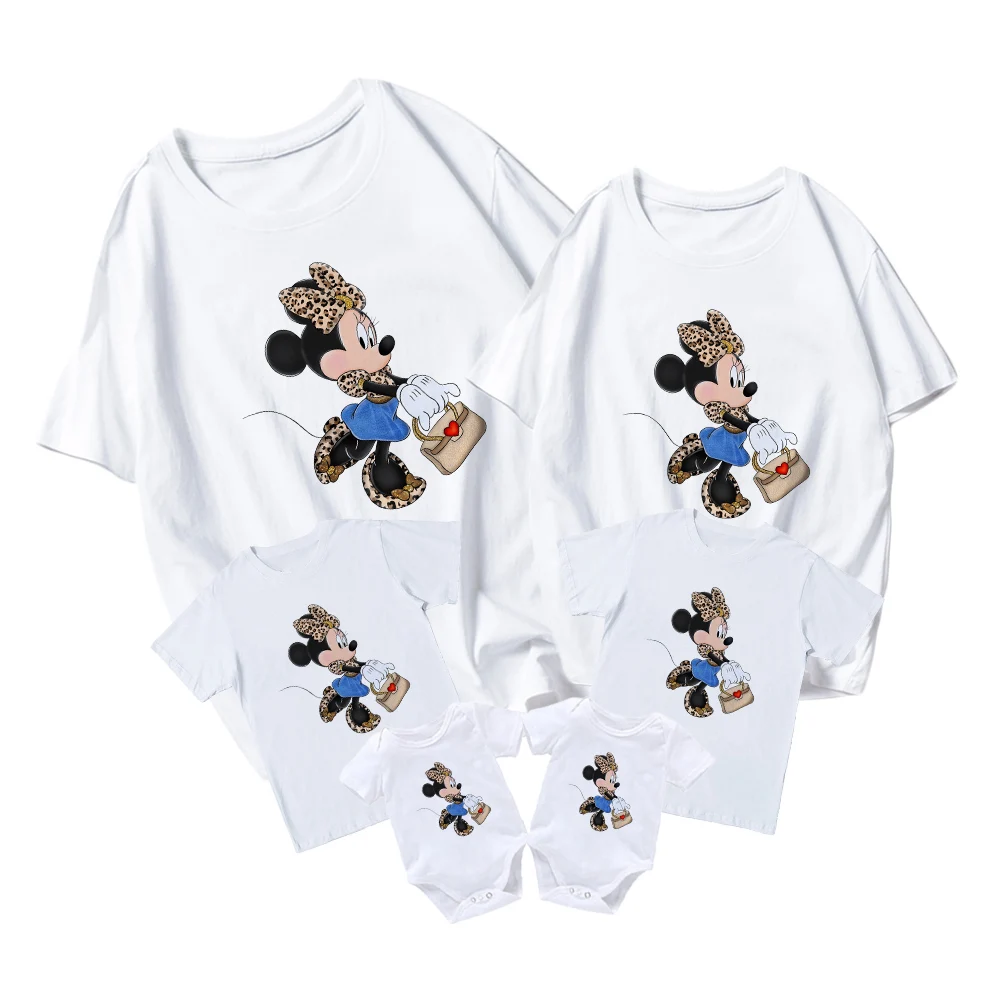 

Disney Leopard Print Trendy Minnie Mouse Kids Short Sleeve Baby Girl Boy Baby Romper Family Matching Clothes Adult Unisex Tops