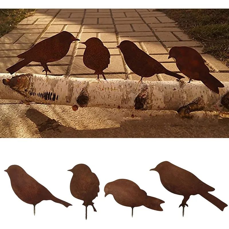 

Set of 4 Rusty Metal Bird Ornament Iron Crafts Bird Shaped Art Silhouette Sculpture Outdoor Garden Fence Decoration