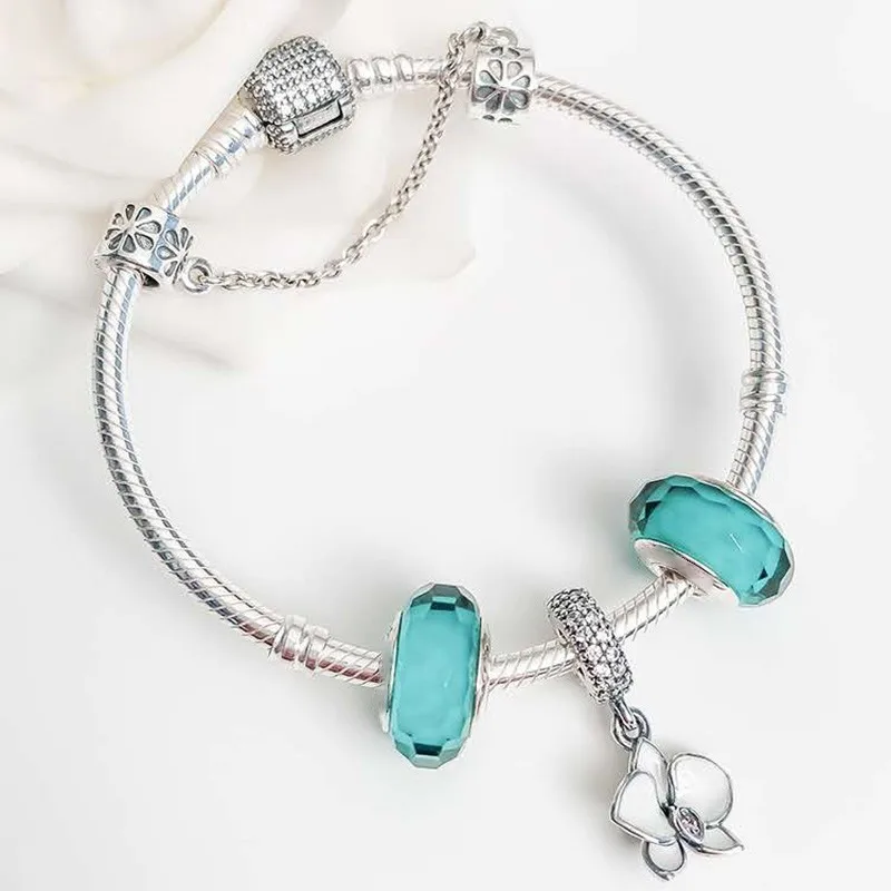 

New 925 Sterling Silver Fashion Classic Button With Orchid Pendant Charm Bracelet Fit Original Pan Charm Female Diy Jewelry