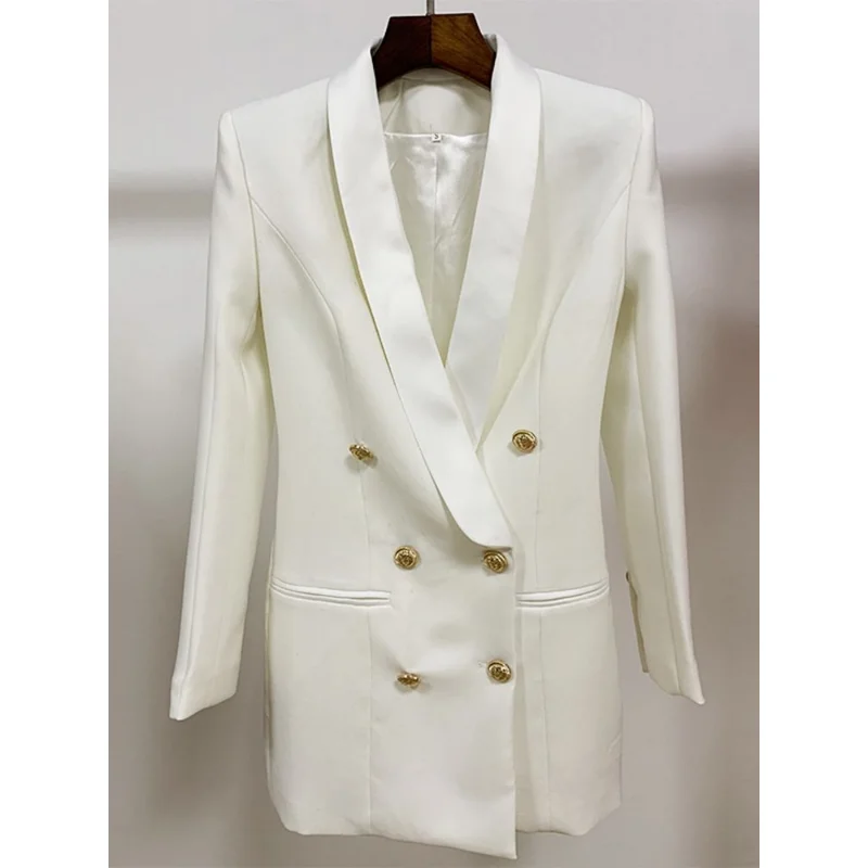 Creative 2023 Newest Designer Blazer Jacket Women's Lion Buttons Double Breasted Satin Shawl Collar Long Brazer