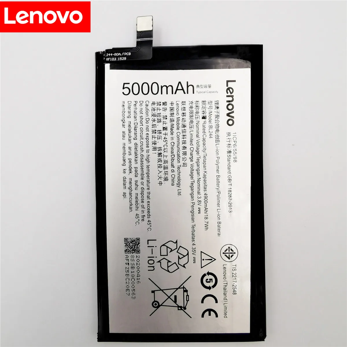 2020 Lenovo 5000Mah BL244 Original Li-ion Battery Replacement for Lenovo Vibe P1 P1A42 P1C58 P1C72 Smart Mobile Phone