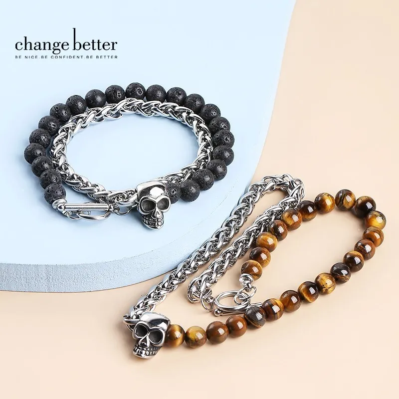 

CHANGE BETTER Natural Tiger Eye Lava Stone Retro Skull Head Beaded Bracelet Gothic Stainless Steel Bangles Wrist Fashion Jewelry