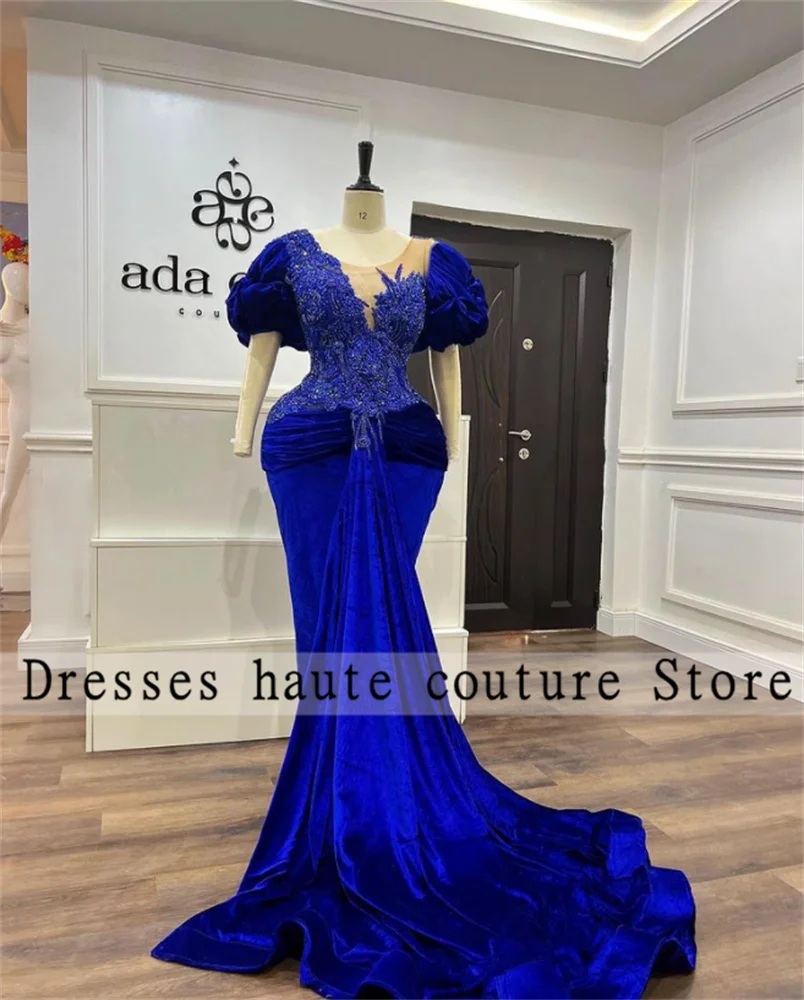 Купи Aso Ebi Royal Blue Appliques Mermaid Evening Dresses 2022 With Train Beaded Wedding Party Gowns Prom Dress Plus Size за 9,840 рублей в магазине AliExpress