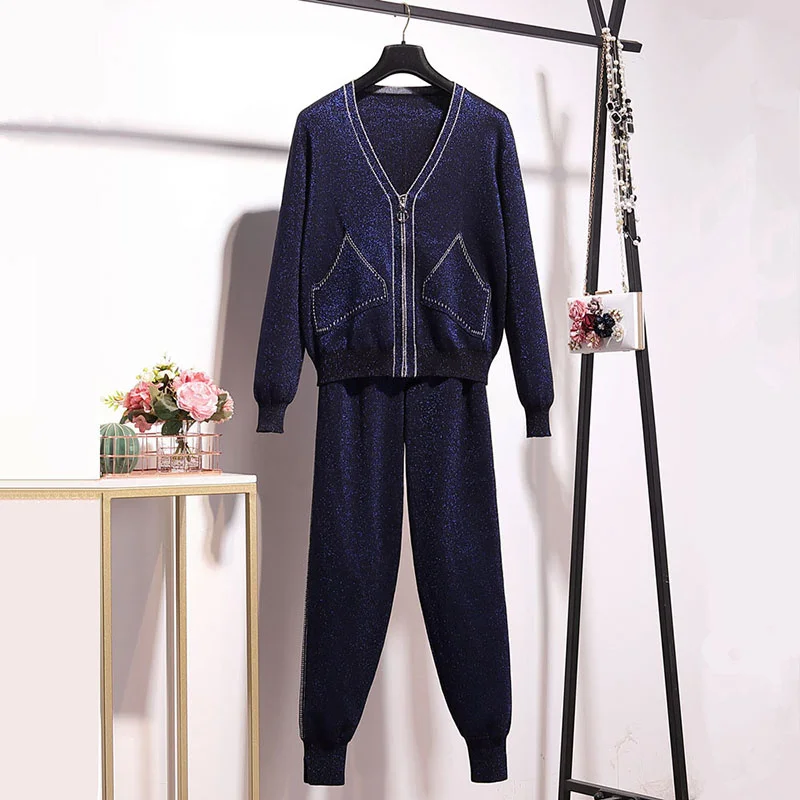 

Autumn Fashion Bright silk V-neck Knit Cardigan Tracksuit Set Dark Blue Knitted Sweater Long Pant 2pc Outfits Female Casual Sets