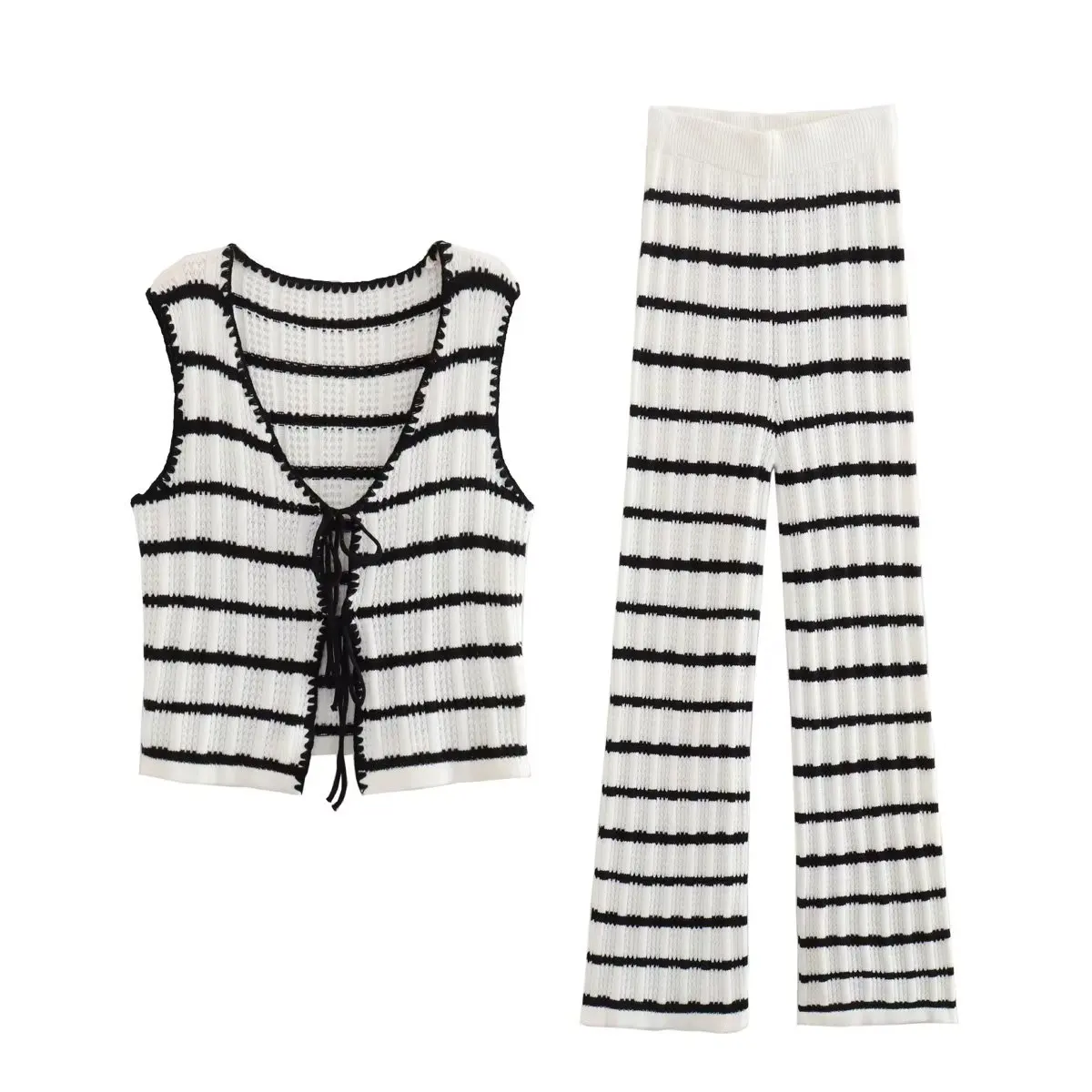 

Set Women 2 Pieces 2023 New Fashion Summer Crochet Stripe Tops Vintage Striped Knitted Trousers Female Chic Tops