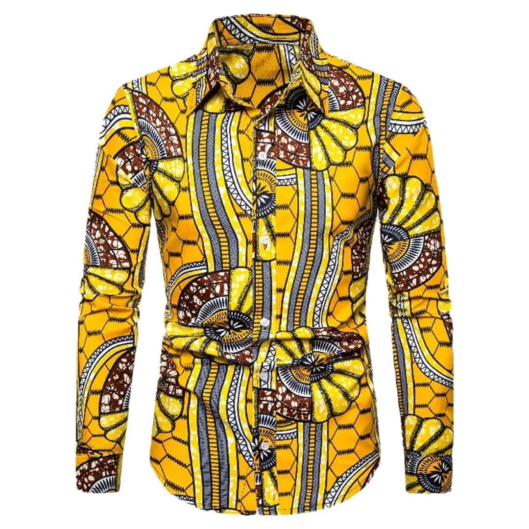 Фото Mens African Print Dress Shirts Cause and Effect Pattern Button Press Long Sleeve Shirts Mens African Long Sleeve Shirts №3