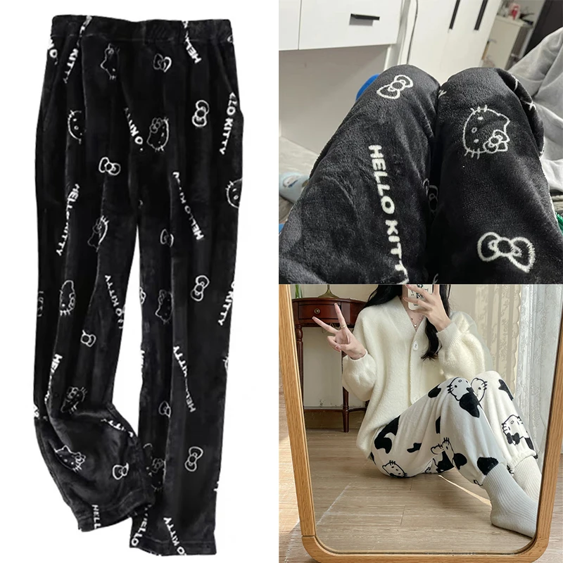 

Sanrio New Flannel Pajama Bottoms Hello Kitty Winter Keep Warm Thick Fleece Home Casual Pants Soft Plush Trousers Pajamas Pants