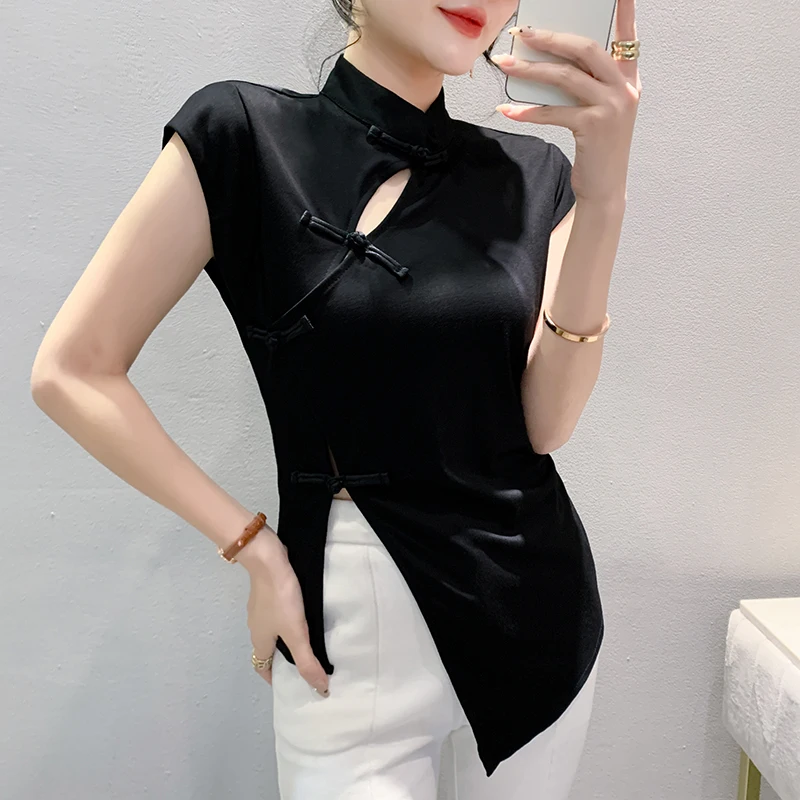 Новинка 2024 асимметричная сетчатая женская футболка в китайском стиле на