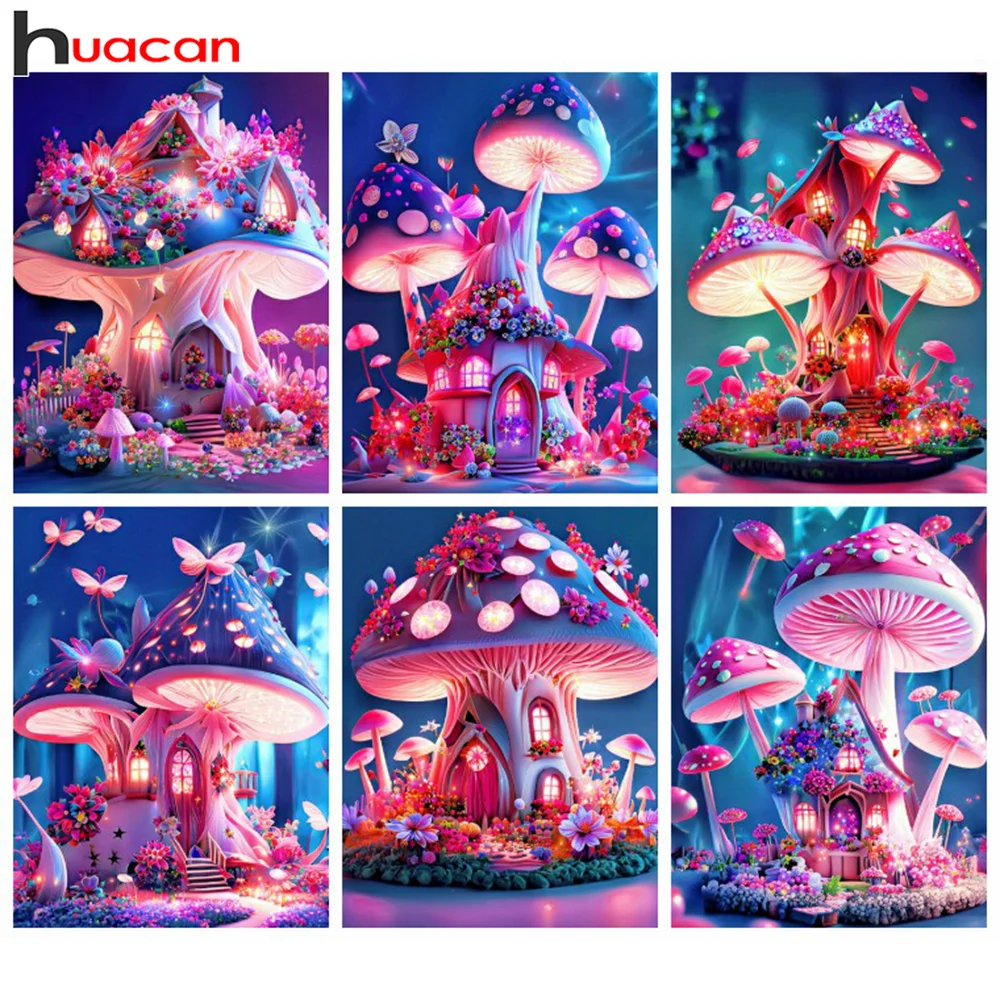 

Алмазная живопись 5d Huacan, мозаика «сделай сам» в виде розовых грибов, квадратная/круглая Вышивка крестиком, Фантастический пейзаж, домашний декор
