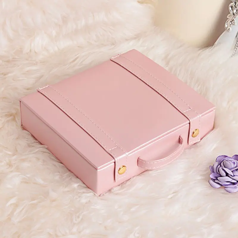 

F19D Sweet Pink Jewelry Box Portable Leather Earring Ring Jewelry Storage Travel for