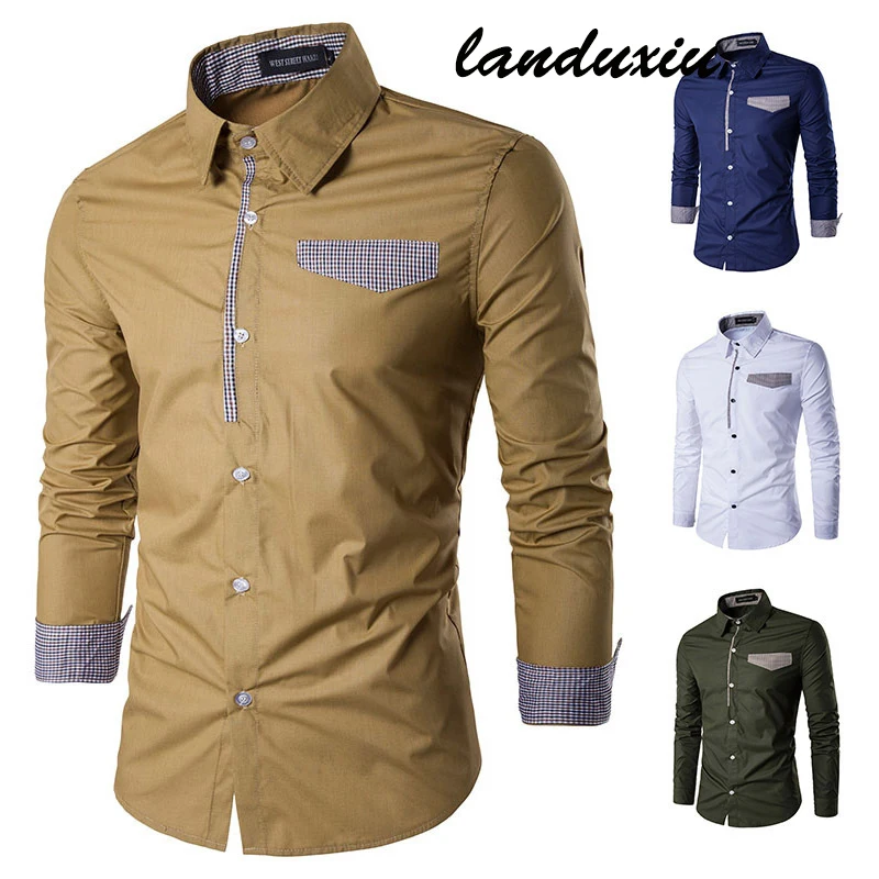 

2022 Men's Long-Sleeved Shirt Korean Version Fashion Slim Youth Pointed Collar Stitching Shirt Men's top landuxiu