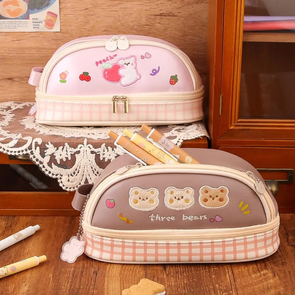 

Creative Cute Kawaii PU Large Capacity Two-layer Cream Bear Pencil Case Pencil Bags