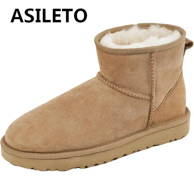 

ASILETO Genuine Leather Wool Outdoor Ankle Snow Boots For Ladies Flats Slip On Plush Fur Winter Warm Shoes Concise 40 N0497