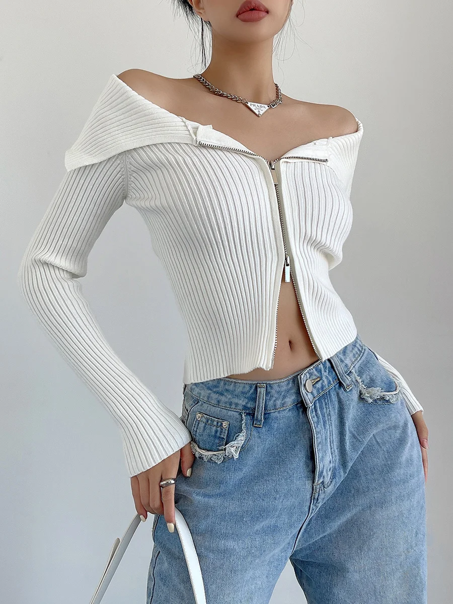 Женский свитер с V-образным вырезом, с открытыми плечами