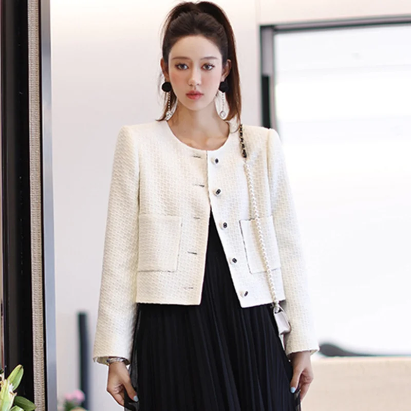 

Runway Designer Cropped Tweed White Jacket For Women High Quality Round Neck Cute Short Jacket Women's Harajuku Coat Autumn Top