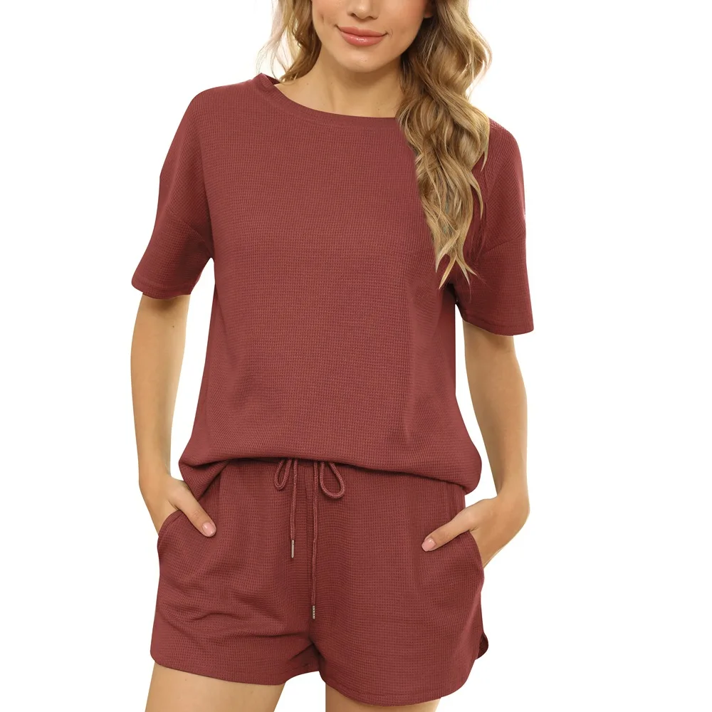 Women's Waffle Knit Pajama Set Short Sleeve Top and Shorts Loungewear Athletic Tracksuits with Pockets