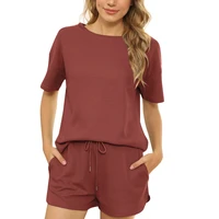 womens waffle knit pajama set short sleeve top and shorts loungewear athletic tracksuits with pockets