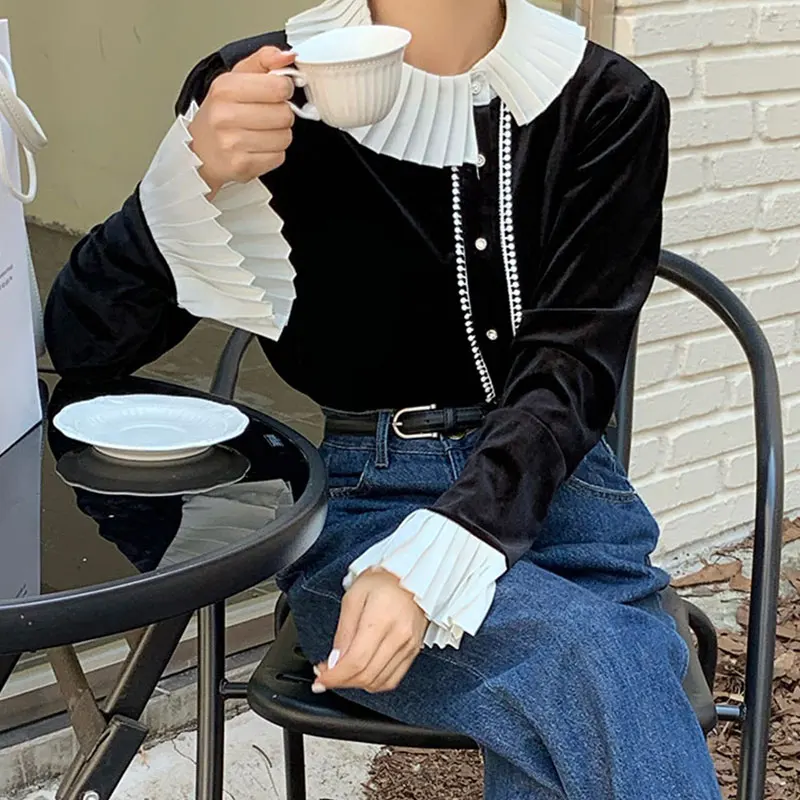 

WDMSNA сращивающаяся плиссированная блузка с отложным воротником, Женская бархатная блузка с бисером и расширяющимся книзу рукавом, Корейска...