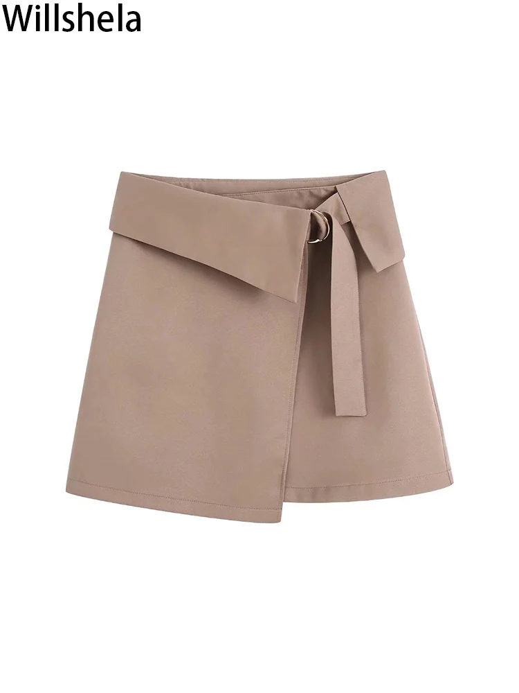 

Willshela Women Fashion Solid Bandage Front Slit Mini Skirts Vintage High Waist Female Chic Lady Skirt