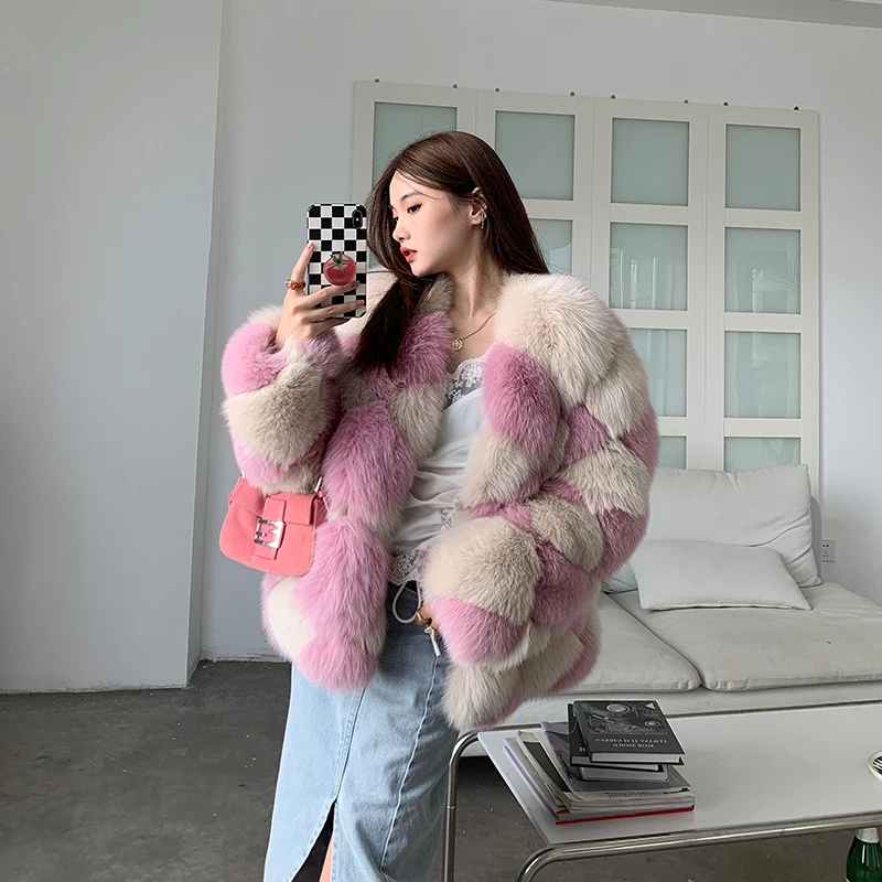 RosEvans Simple Women New Plaid Real Fox Fur Warm Coat Luxury Thick Fur Jacket Casual Streetwear Fashion Outerwear Female Winter