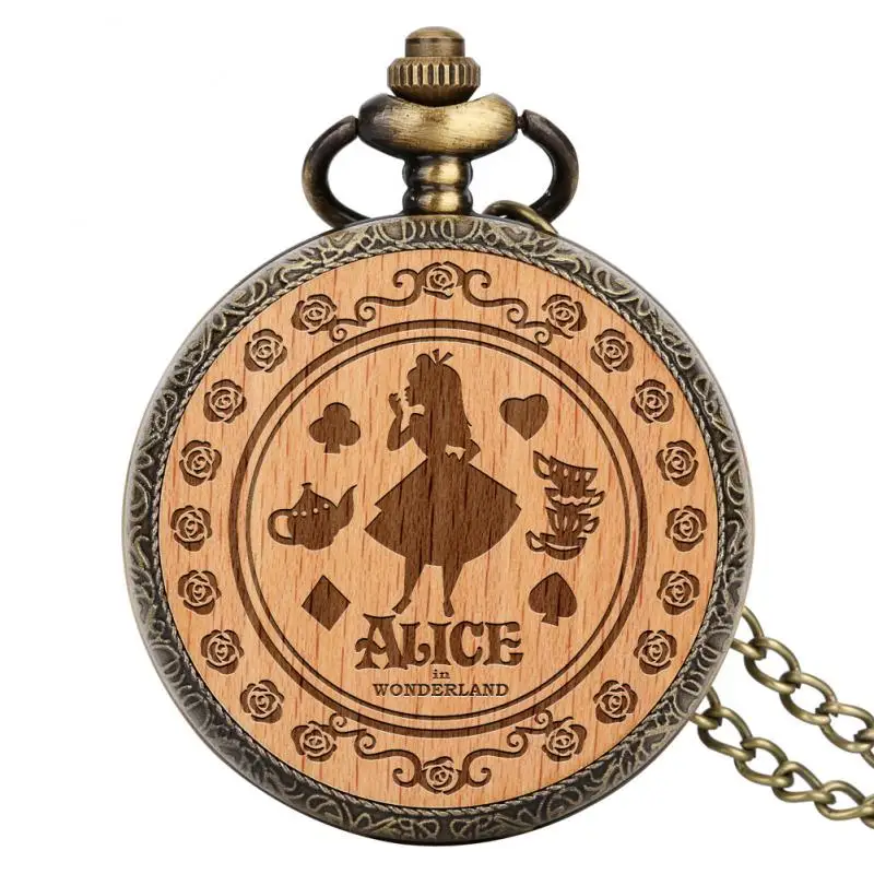 

Alice in Wonderland Vintage Wooden Design Girl Princess Design Quartz Pocket Watch Bronze Chain Pendant Gifts for Women 2022