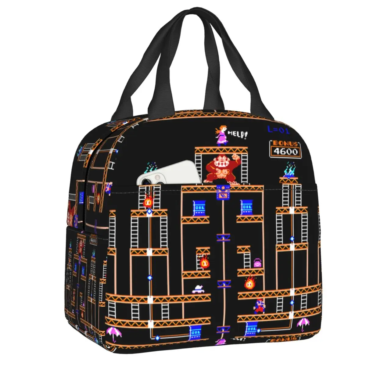 

Donkey Kong Thermal Insulated Lunch Bags Women Arcade Video Game Lunch Tote for Work School Travel Multifunction Food Box