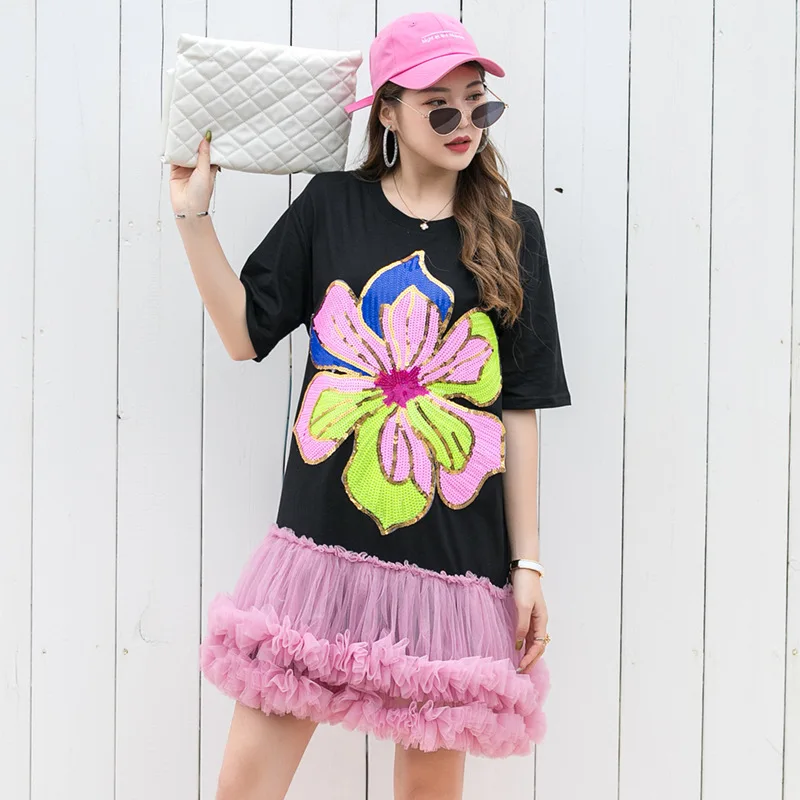 

Women Flowers Sequins Short-sleeved Long Ruffles T-shirt Dress Mesh Stitching Tutu A-Line Skirt Beaded Bodycon Dress Vestidos
