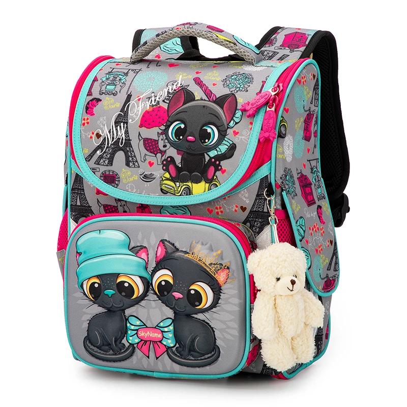 

Ортопедический школьный рюкзак для девочек, сумки для учеников 1-3 классов, с милым мультяшным котом, ранцы для детей