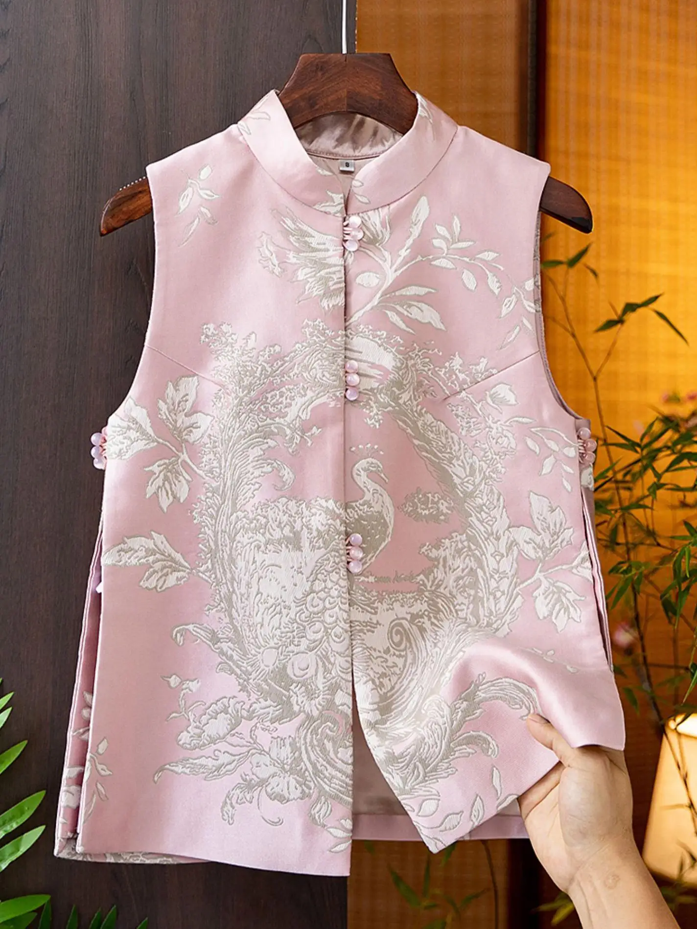 New Chinese Sle National Costume Vest Outerwear Women Spring and Autumn Retro Jacquard Stand Collar Buckl...