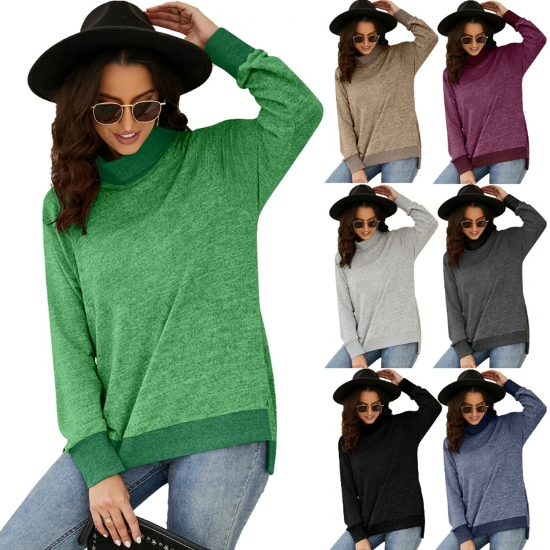 

Women Casual Long Sleeve Shirts Turtleneck Pullover Tunic Top Autumn Colorblock Side Split High Low Hem Loose Sweatshirt