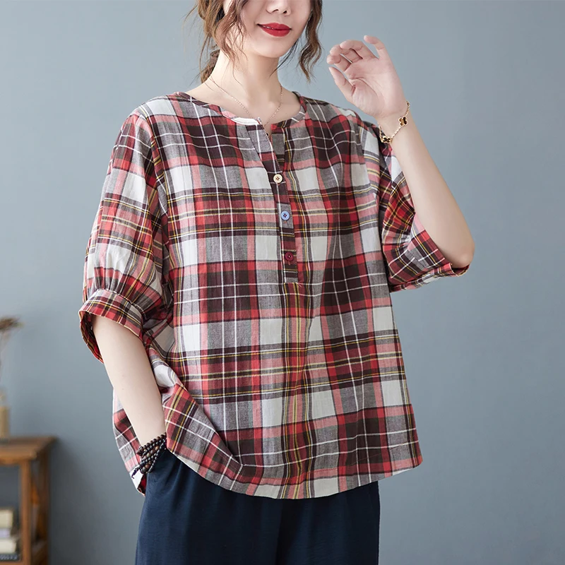 

2022 New Arrival Summer Arts Style Women All-matched Plaid V-neck Blouse Short Sleeve Cotton Linen Casual Shirts V127