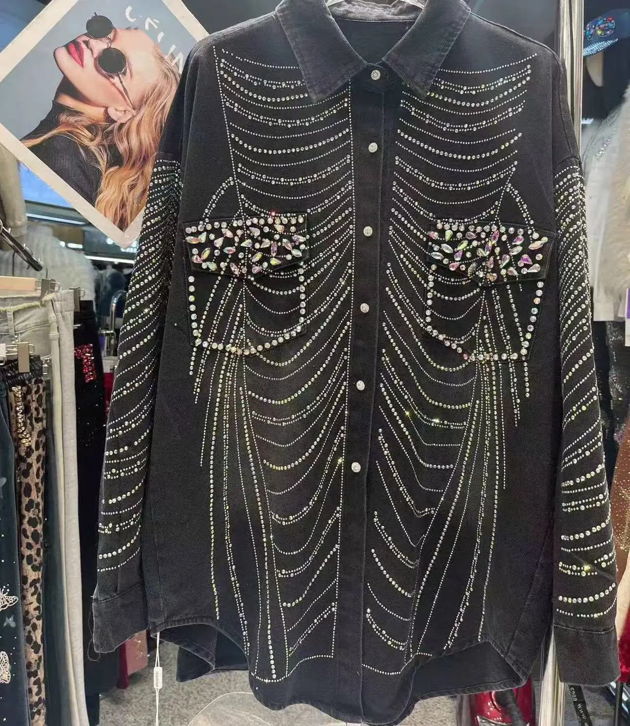 Роскошный стиль блестящие джинсовые блузки рубашки женские черные осенние