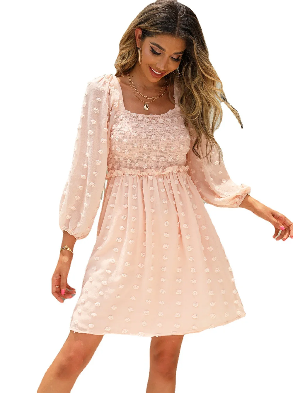 

2022 European and American New Square Neck Chiffon Polka Dot Skirt Fashion Lantern Sleeve Women's Dress