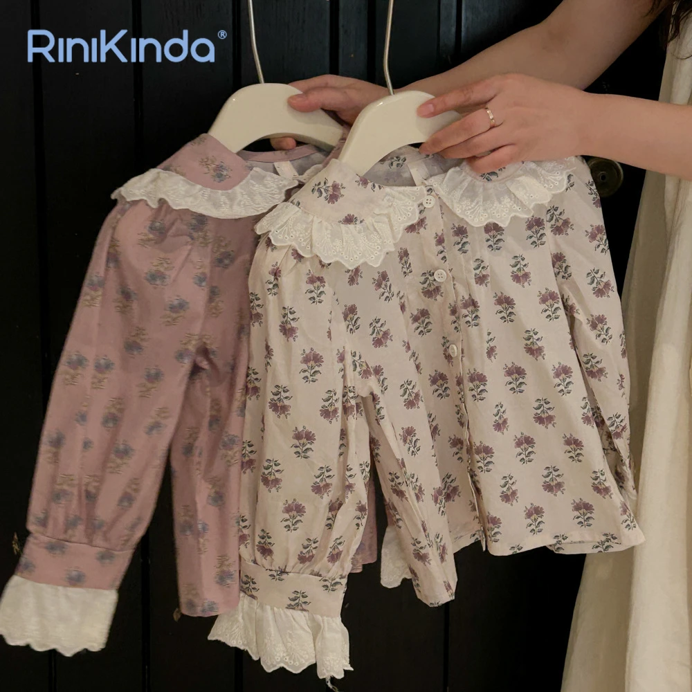 

Милая блузка для девочек, новинка 2023, кружевная рубашка с длинным рукавом и цветочным принтом, демисезонные детские топы для девочек, блузка, детская одежда