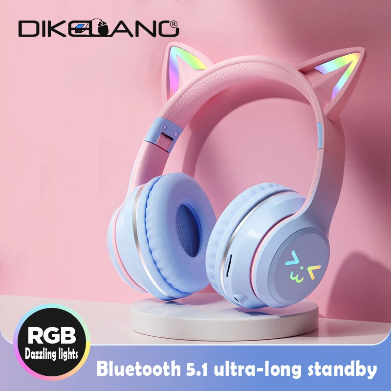 

Cute Cat RGB Wireless Headphones Headset with Microphone Stereo Music Gaming Headsets Control lights Earphone for Girl Kid Gifts