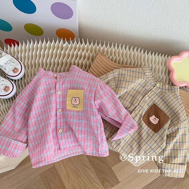

2023 Spring Girls Boys Cute Plaid Long Sleeve Blouse Two Colors