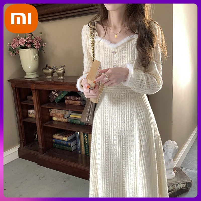 

XIAOMI Warm Winter France Vintage Dress Women Elegant Evening Party Midi Dress Ladies Sweet Designer Fashion Dress Clothing
