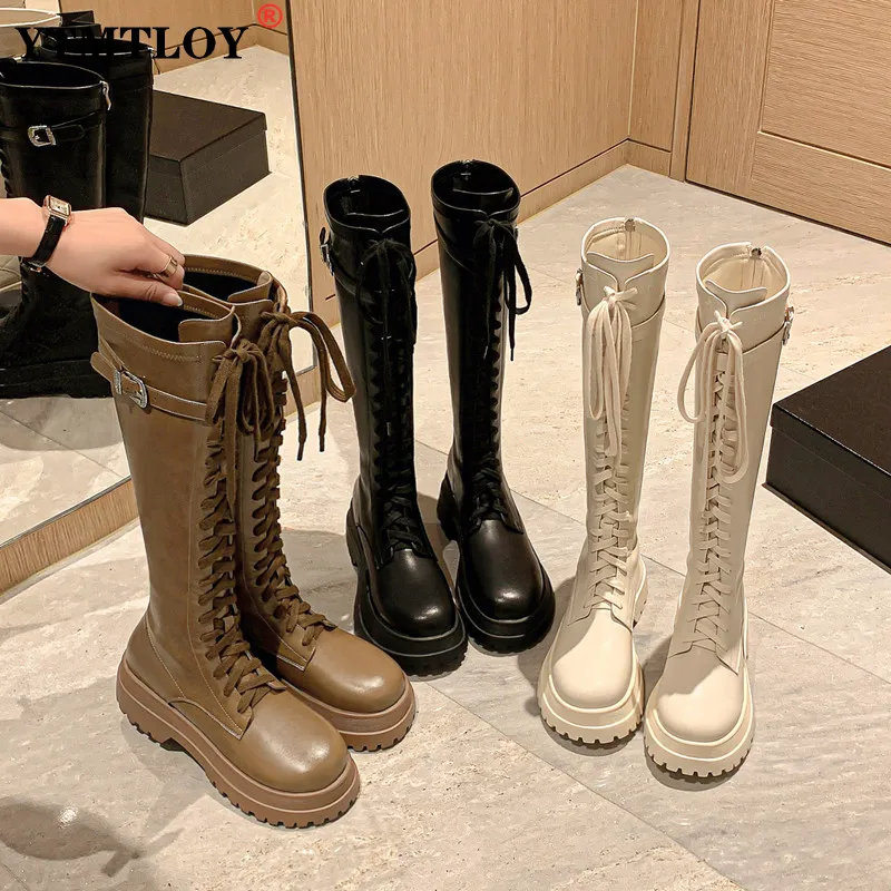 

New Thicken Winter Knight Boots Women Knee High Long Square Heel Boots Retro Thick Motorcycle Boots Black White Botas Mujer