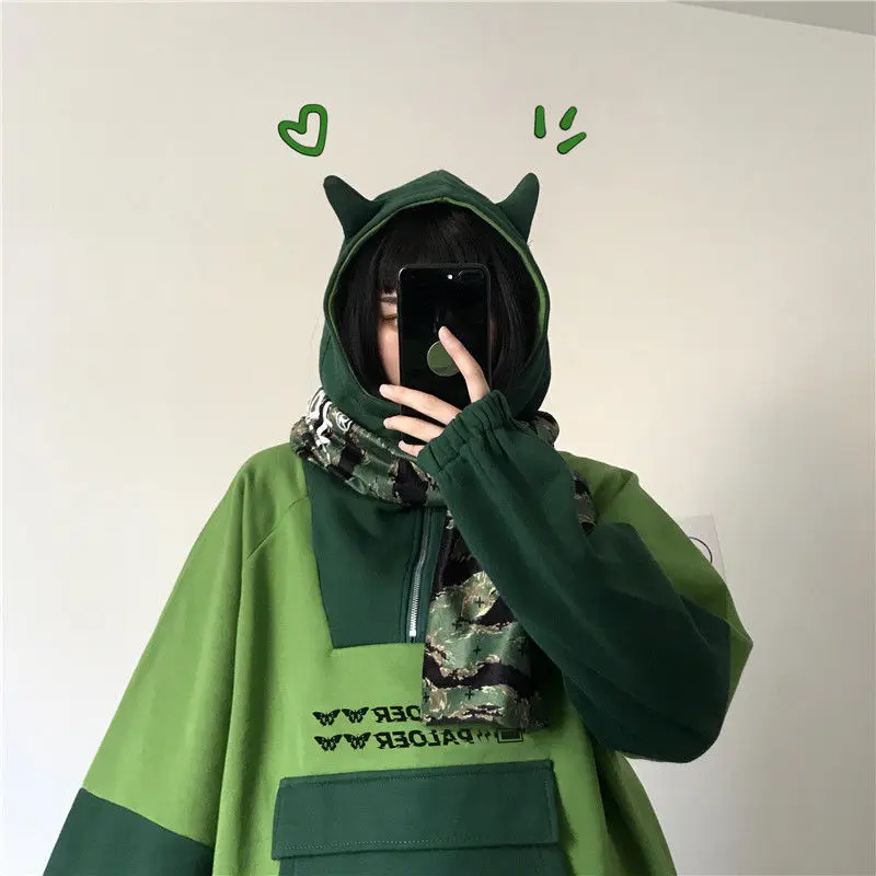 

Harajuku Frog Hoodie Alt Aesthetic Streetwear Women's Anime Long Sleeve Oversized Kawaii Cute Pullover Green Top Женская куртка