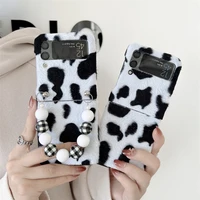 fashion cute cow pattern chain phone case cover for samsung galaxy z flip 4g 3 5g flip3 fashion fabric plush fur protective case