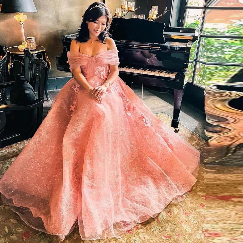 

Elegant Pink Long Prom Dresses 3D Flowers Off Shoulder A-Line Shiny Tulle Evening Gowns Formal Party Dress 2022