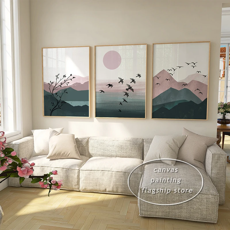 Акварельные бриды Природный Горный пейзаж абстрактный постер Зеленый Розовый