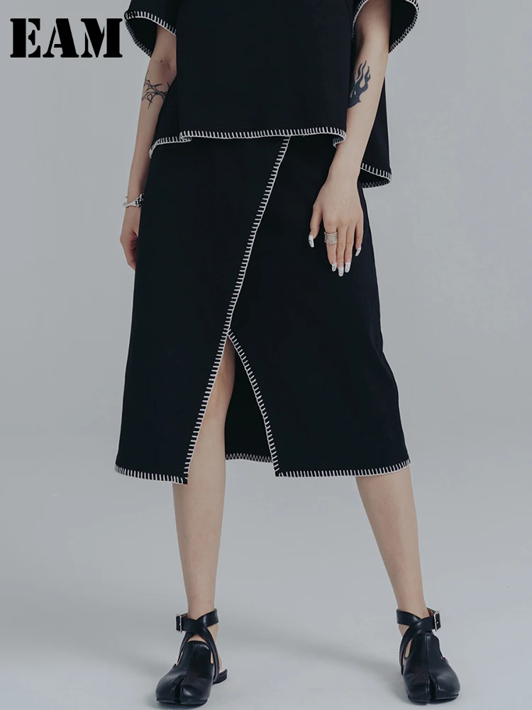 

[EAM] High Elastic Waist Black Topstitched Irregular Slit Half-body Skirt Women Fashion Tide New Spring Summer 2023 1DE8414