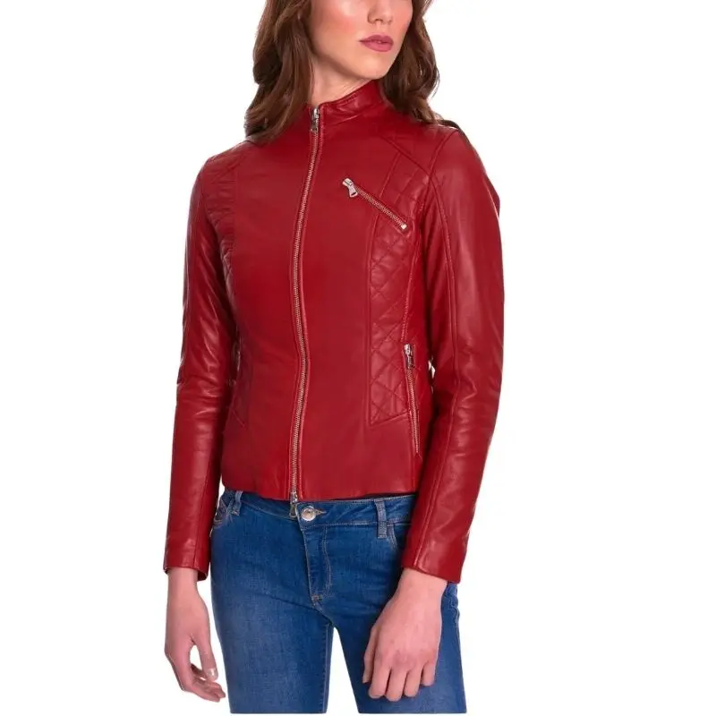 Red Genuine Lambskin Motorcycle Valentine Stylish Leather Jacket Women enlarge