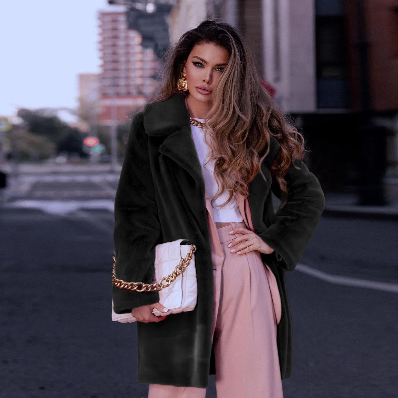 Women's Leather Fur Coat Mid-Length Imitation Fur Coat Top Women's Autumn and Winter Plush Faux Fur Coat