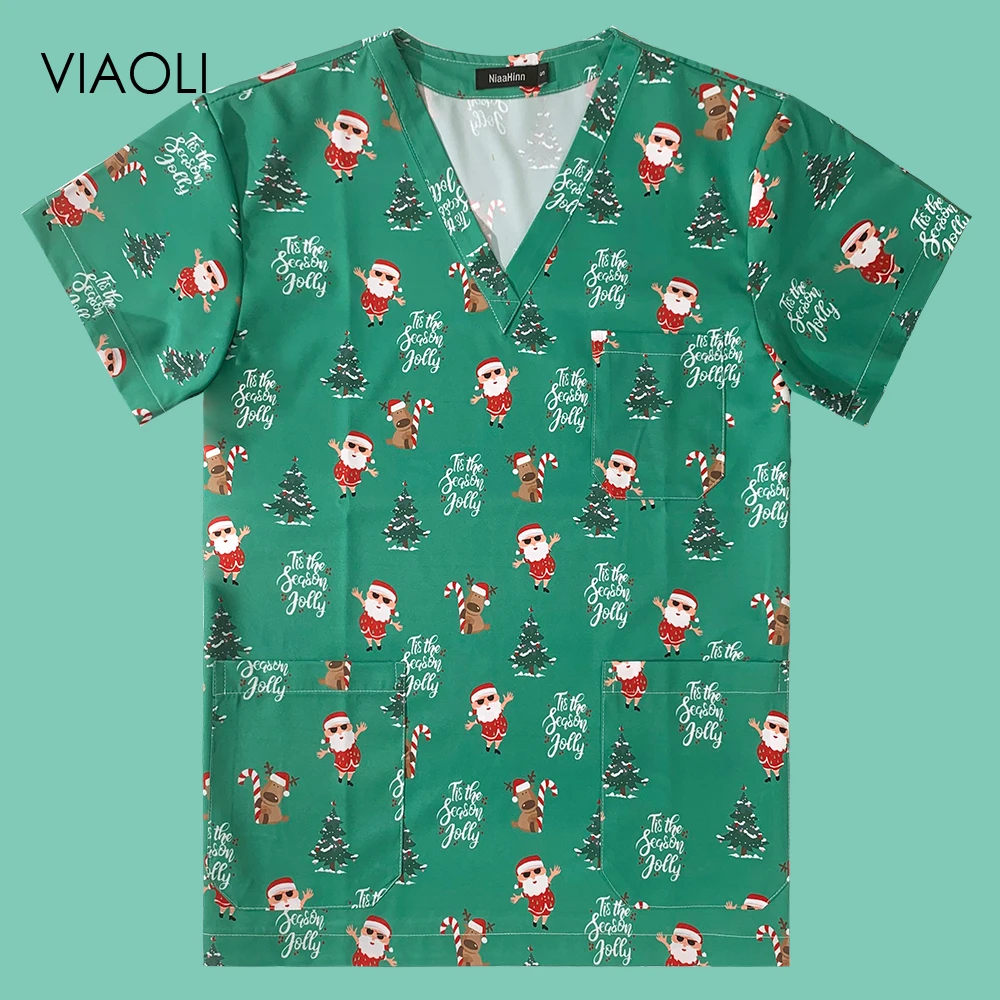

Unisex Dustproof Workwear Women Cute Print Nurse Uniform T Shirt Casual Short Sleeve V-neck Women Scrub Tops Clinic Mens Clothes