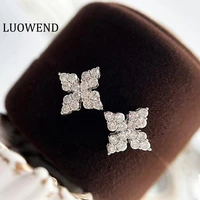 luowend 100 18k white gold earrings natural diamond earring fashion clover design stud earrings for women engagement party