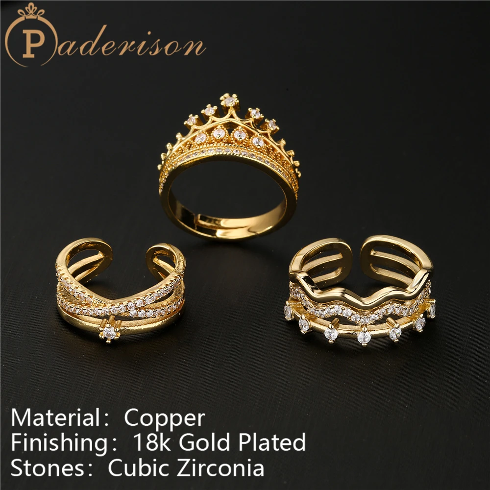 

Vintage Elegant Delicate Zircon Crown Opening Ring Women Retro Hollow Geometric Adjustable Ring Copper 18k Gold-plated